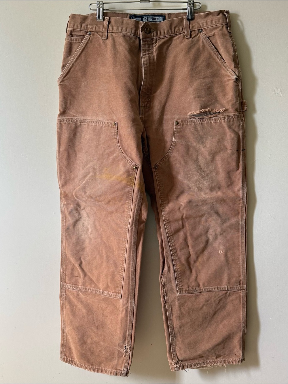 Carhartt Double Knee Pants Mens 38x30 Brow Loose Fit Distressed Work Wear